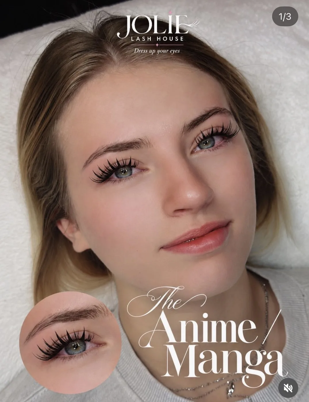 Anime Manga lash set by Jolie Lash House — client portrait with spiky anime lashes and eye close-up