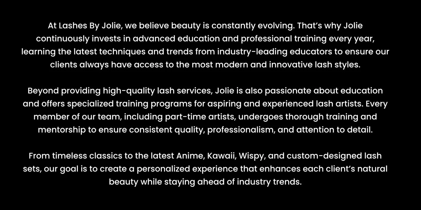 About Jolie Lash House — an independent, woman-owned lash salon in Spring, Texas offering custom lash designs
