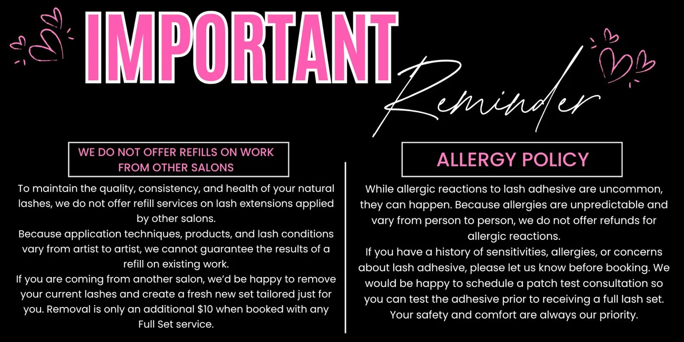 Important reminders for Jolie Lash House clients before a lash extension appointment